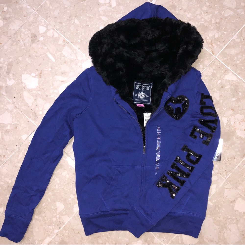 NWT Small VS Pink Blue Fur Lined Zipup Hoodie
